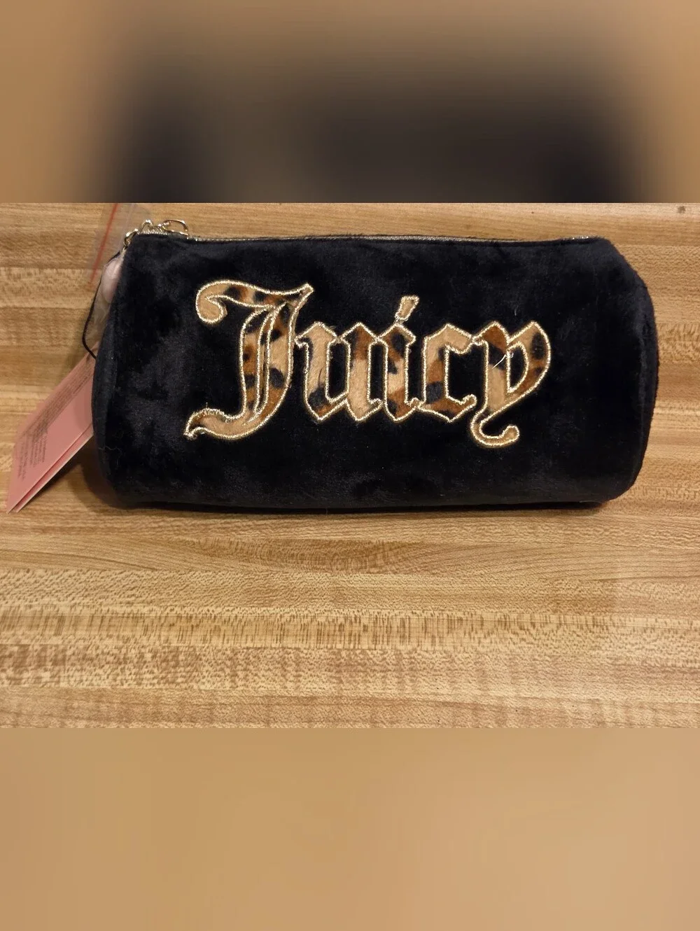 Juicy Couture NWT Black Barrel Cosmetic Bag W/ Leopard Writing